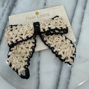NWT Pink linen Rafia black and tan bow